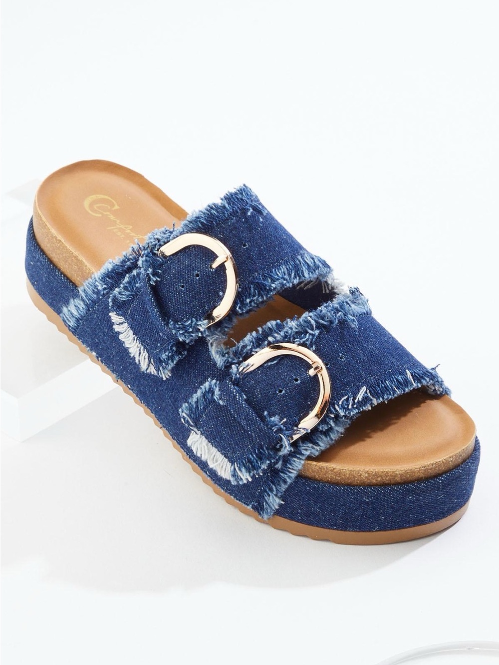 Cato Comfort Double Gold Buckle DIstressed Denim Platform Boho Sandals Size 8